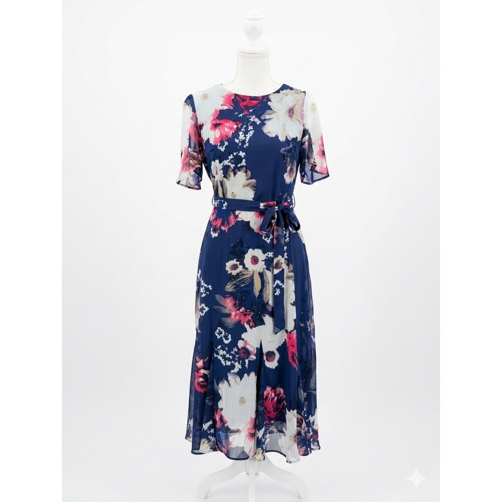 Harper Rose Navy Blue Floral Flutter Sleeve Midi Dress Size 4 Tie Waist Wedding